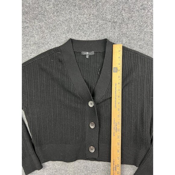 7 For All Mankind Sweater Women's Small Black Cropped Button Front V Neck Ribbed - Picture 4 of 7